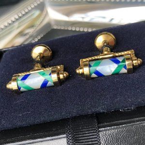 Vintage Blue & Green Swirl & Gold tone Cuff Links
